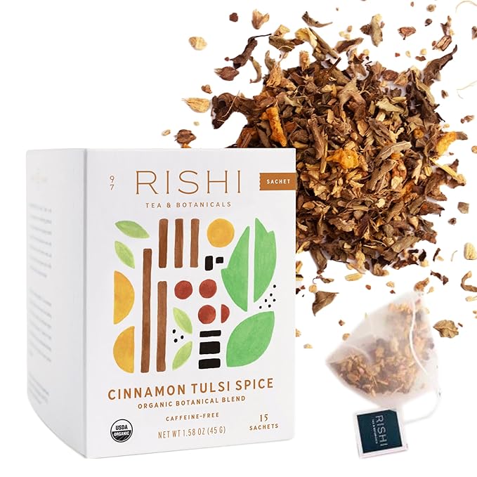 Rishi Tea Cinnamon Tulsi Spice Herbal Tea - Organic, Caffeine Free Sachet Bags, Warming & Naturally Sweet Botanical Blend - 15 Count (Pack of 1)