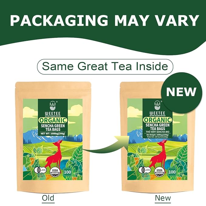WT WEETEE Organic Sencha Green Tea Bags, Organic Steamed Green Tea 100 Count, Natural Caffeine & Antioxidant, Good for Hot Iced Cold