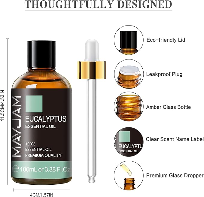 Eucalyptus Essential Oil, MAYJAM 3.38fl.oz Large Bottle Pure Essential Oils, Perfect for Living Room Bedroom Office Car Use