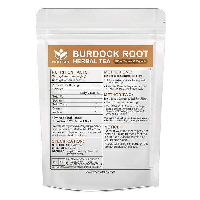 Burdock Root Tea - Natural Burdock Root Herbal Tea Bags for Liver Support, Antioxidant, Digestion and Immune Support, Caffeine Free - 40 Tea Bags
