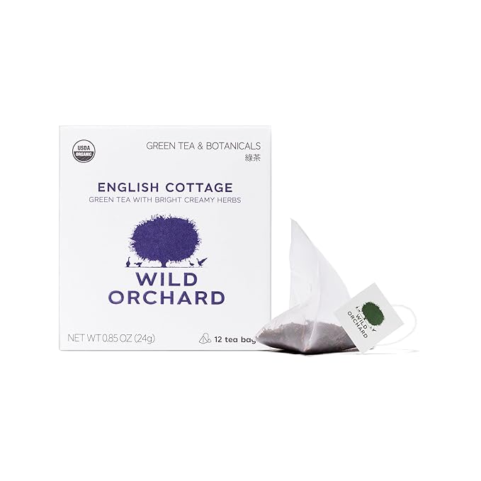 Wild Orchard Regenerative Organic Certified Flavored Green Tea - English Cottage (12 Tea Bags) - With Creamy Herbs - Regeneratively Cultivated on Jeju Island in South Korea