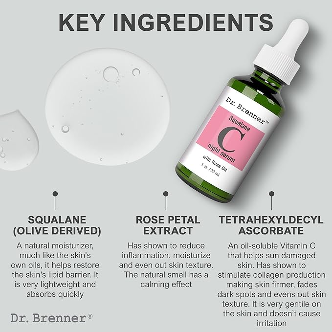 Vitamin C Serum (Tetrahexyldecyl Ascorbate) Night Oil Treatment With Squalane and Pure Rose Oil for Firmer, Glowing Skin, by Dr. Brenner 1 oz.