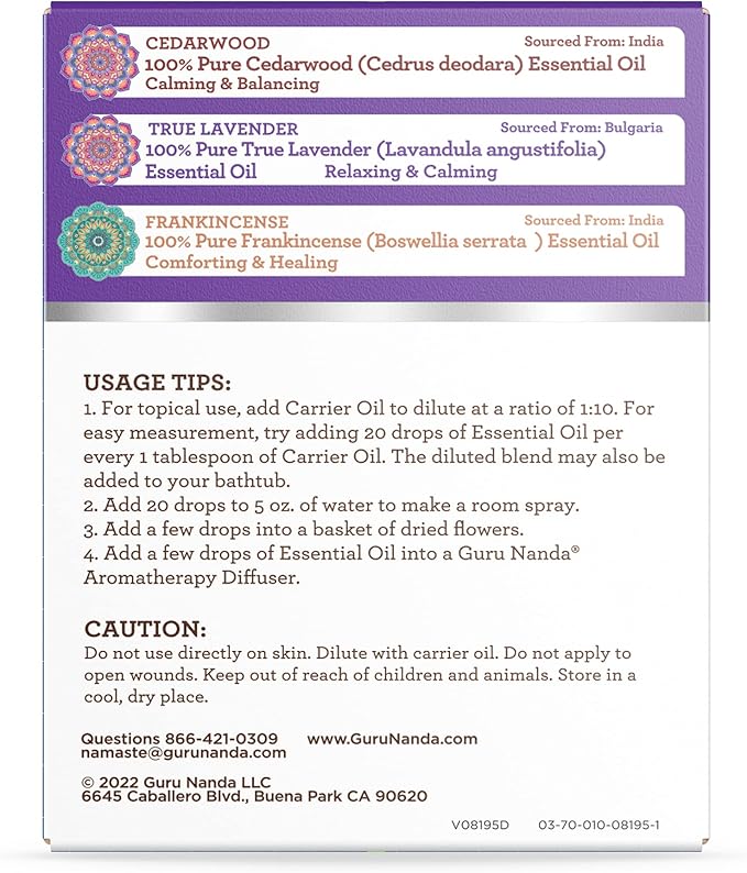 GuruNanda Sleep Essential Oil Set (Pack of 3 x 0.34 Fl Oz) - 100% Pure, Natural & Undiluted Cedarwood, Frankincense & Lavender Aromatherapy Oils for Diffuser - Perfect for Massages & DIY Recipes