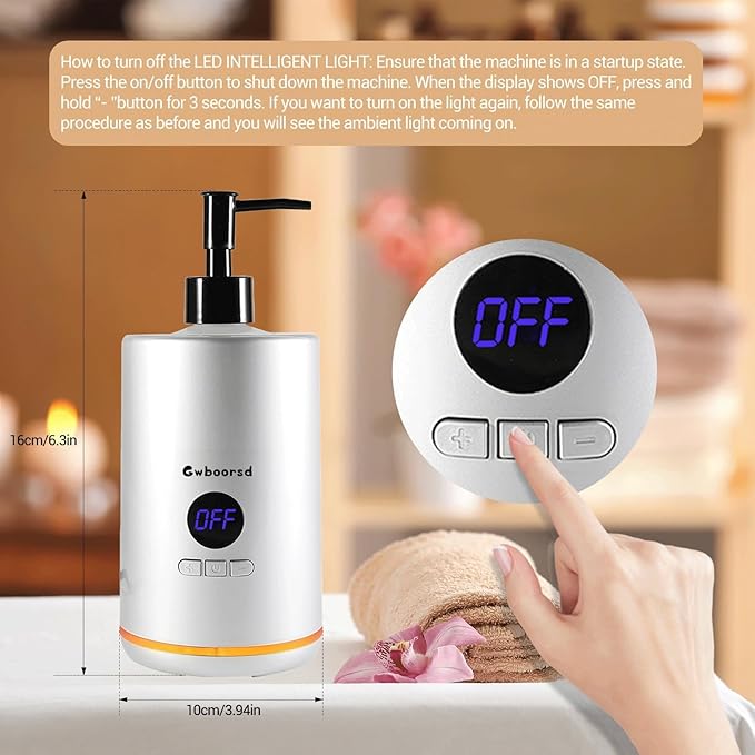 Oil Warmer for Massage oil warmer for scented oil,Massage Oil Warmer,lotion warmer,Body Oil Heater for Spa,Salon with 2 Oil Bottle Dispensers,1 grey funnel, Temper control,Atmosphere lights,White