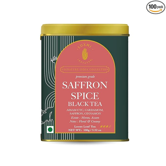 Luxmi Estates Saffron Chai | 100 gm | Signature India collection | Assam CTC Tea | Black tea collection | Saffron chai Organic Strong tea | Antioxidants | Assam Valley tea | Kashmiri Saffron, Cinnamon, Natural Cardamom Extract