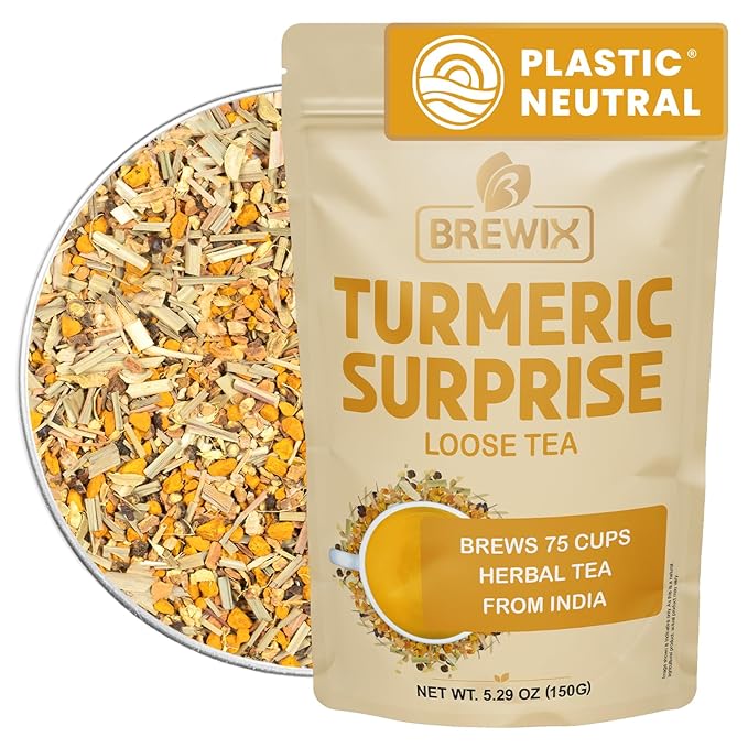BREWIX, Turmeric Surprise Herbal Tea (75+ Cups, 5.29oz/150g), Caffeine Free Blend Of Turmeric, Black Pepper, Cinnamon, Ginger, Cardamom, Lemongrass