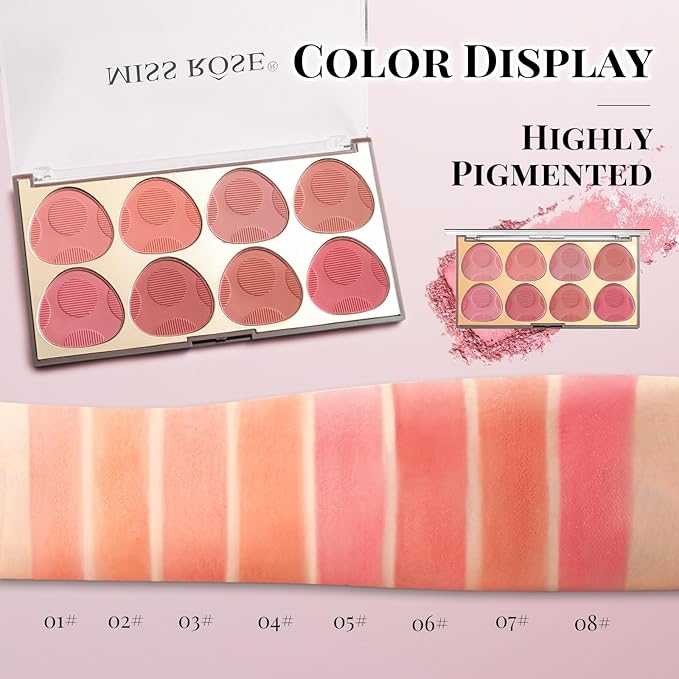 8 Colors Blush Palette, Smooth Blendable Powder Blush, Buildable Facial Cheek Blusher, Matte Blush Palette Makeup For Women, Waterproof Long-lasting Makeup Palette with Brush