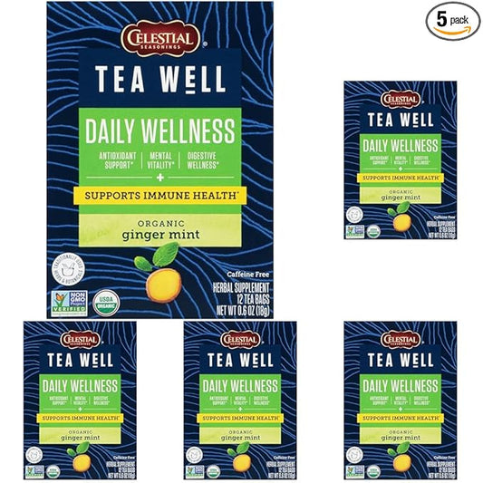 Celestial Seasonings TeaWell Herbal Tea, Daily Wellness, Organic Ginger Mint, 12 Count (Packaging May Vary) (Pack of 5)