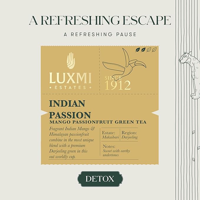 Luxmi Estates - Indian Passion - Organic Mango Passion Fruit Green Tea - 50 Tea Bags | With Mango & Passion Fruit | Brew as Iced Tea or Hot
