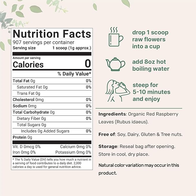 Organic Dried Raspberry Leaf Tea, 2lbs | Refills up to 907 Tea Bags | Premium Source from Germany for Herbal Pregnancy Tea | Cut & Sifted Whole Leaves | Non-GMO, No Sugar, Eco-Friendly Recyclable Bags