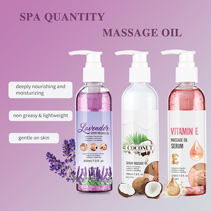 Body Massage Oil Serum, Lavender, Coconut & Vitamin E, Non-Greasy, Moisturising, 7 fl.oz x 3