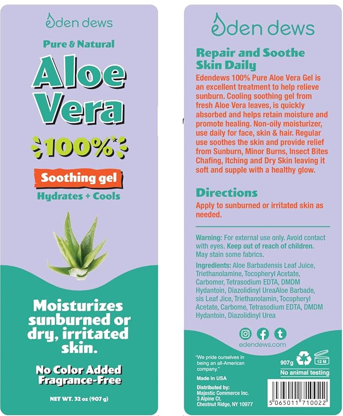 Aloe Vera Gel for Skin - 100% Pure & Natural Organic, Moisturizing, Face Skin & Hair Care, Sun Burn Relief, Hydrating & Soothing for Dry Skin, Made in USA, Unscented, 32 oz