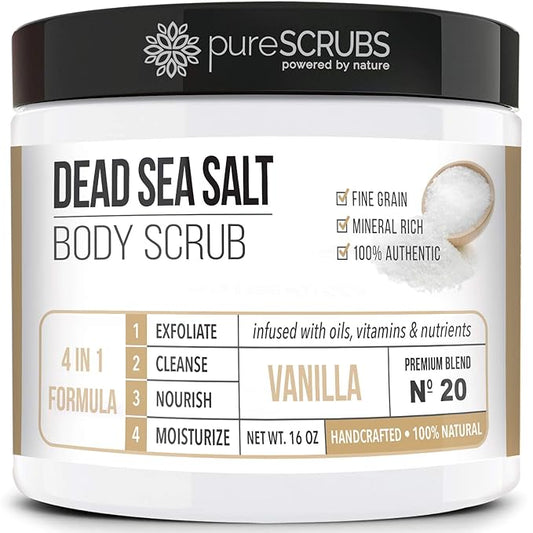 pureSCRUBS Premium Vanilla Body Scrub Set - Large 16oz Dead Sea Salt Body Scrub With Infused Essential Oils & Nutrients, Includes Wooden Spoon, Loofah & Oatmeal Exfoliating Bar Soap