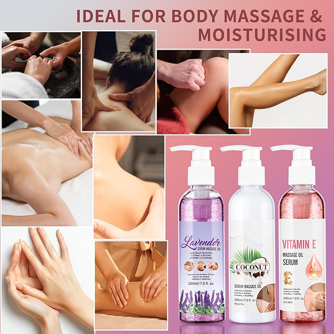 Body Massage Oil Serum, Lavender, Coconut & Vitamin E, Non-Greasy, Moisturising, 7 fl.oz x 3