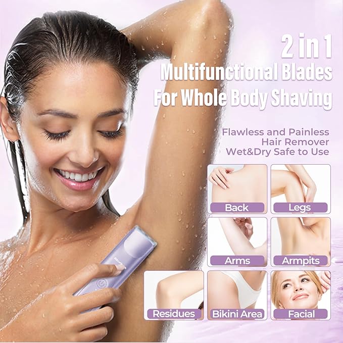 2 in 1 Women Electric Shaver Dual Head Bikini Trimmer for Women IPX7 Waterproof Wet & Dry Use Body Hair Trimmer and Facial Hair Remover for Bikini Underarm Leg Arm Body Face, Purple