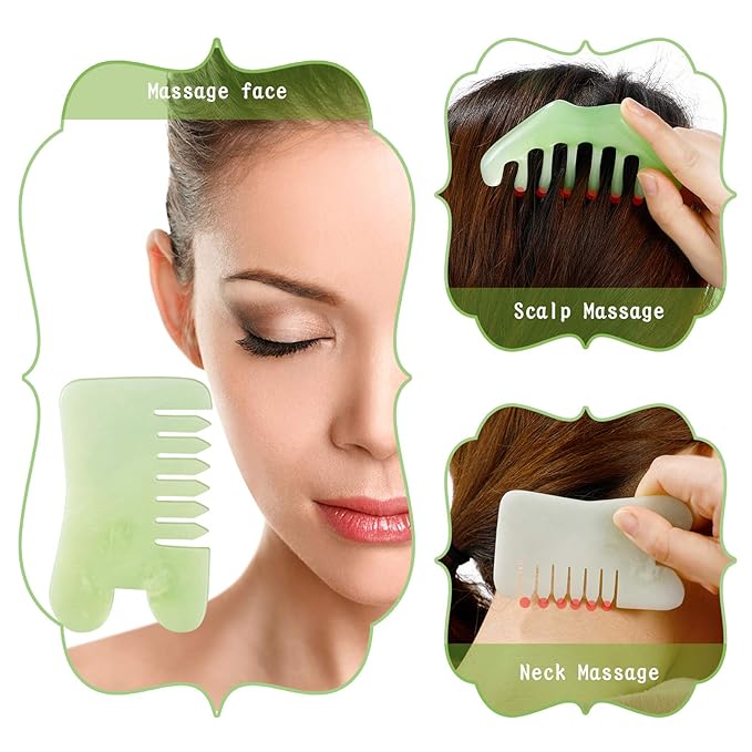 Geiserailie 2 Pieces Jade Combs Massage Stone Hair Gua Sha Scraping Scalp Comb Facial Massage Tool Multifunctional Handheld Head Tools Head Caring Therapy Mother's Day Gift(Mixed Style)