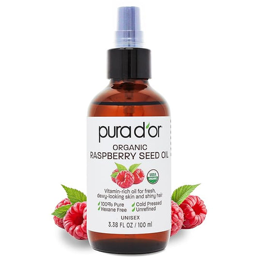 PURA D'OR 3.38 Oz ORGANIC Red Raspberry Seed Oil - 100% Pure USDA Certified, Cold Pressed Unrefined, Hexane-Free, Premium Grade - Sun Protection For Skin, Body & Hair