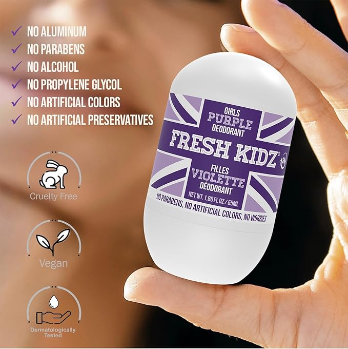 Fresh Kidz Roll On Deodorant for Kids and Teens - Baking Soda and Aluminum-free 24 Hour Protection for Sensitive Skin - Girls "Purple" 1.86 fl.oz.