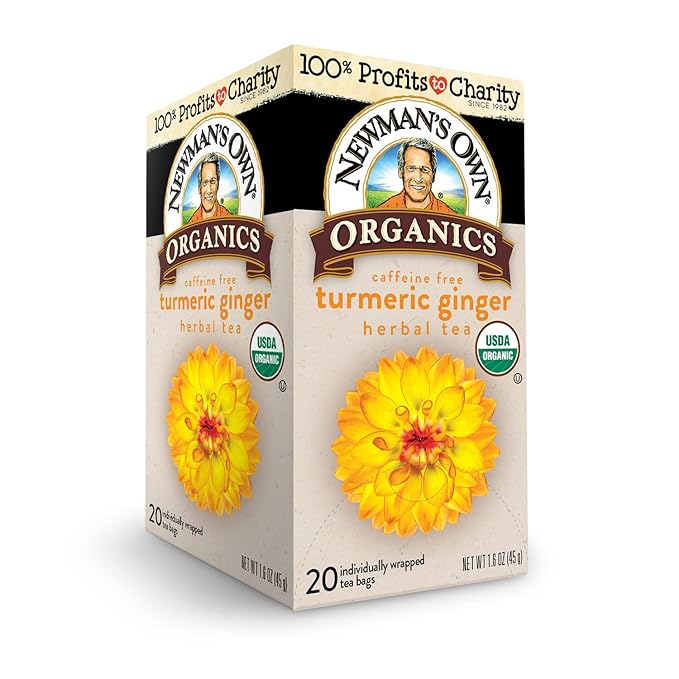 Newman’s Own Organic Turmeric Ginger Herbal Tea Caffeine-Free May Aid Digestion and Boost Immunity Turmeric Tea with20 Individually Wrapped Tea Bags Per Box (Pack of 4) USDA Certified