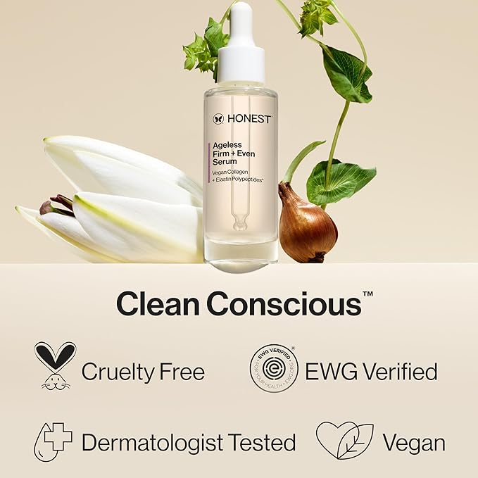 Honest Beauty Ageless Firm and Even Serum | Powered by Vegan Collagen and Elastin Polypeptides | Firmer-Looking Skin and Even Tone | Fragrance Free, EWG Verified, Vegan, Cruelty-Free | 1 fl oz