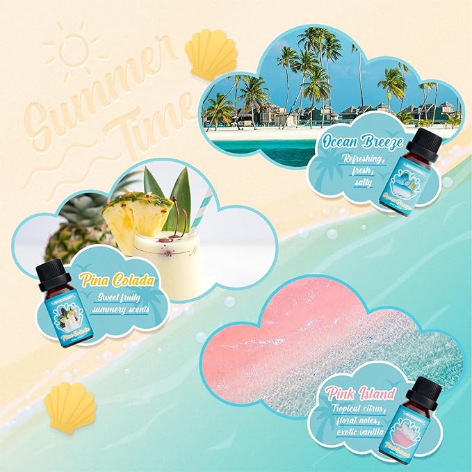Summer Essential Oils Set, ARVIDSSON Tropical Fragrance Oil for Candle Making, Diffuser Scented Oil - Ocean Breeze, Pina Colada, Fresh Cotton, Pink Island, Plumeria, Coconut