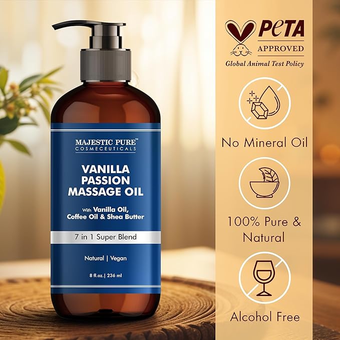 Majestic Pure Vanilla Passion Massage Oil with Vanilla Oil, Coffee Oil & Shea Butter | Invigorating, Refreshing, and Relaxing |for All Skin Types - Men and Women | 8 Fl Oz
