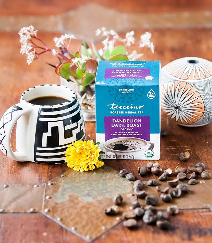 Teeccino Dandelion Herbal Tea - Dark Roast - 25 Tea Bags - Caffeine Free, Prebiotic, Gluten Free, 3x More Herbs