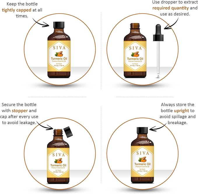 SIVA Turmeric Essential Oil - 4 Fl Oz – Natural Turmeric Oil - for Diffuser, Face, Skin Care, Aromatherapy, Hair Care, Scalp and Body Massage - with Dropper