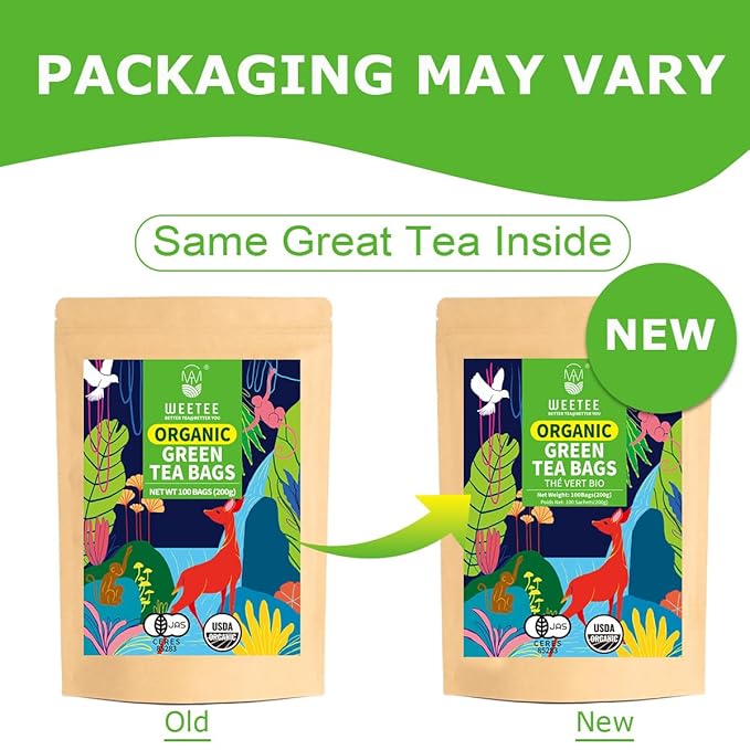 WT WEETEE Organic Green Tea Bags, Organic Pure Green Tea 100 Count, Super Antioxidant | Resealable Kraft Bag | Brew Hot or Iced