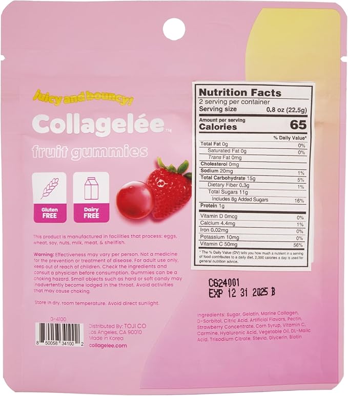 Collagelee Collagen Infused Gummies - Marine Collagen Supplements with Vitamin C, Hyaluronic Acid, & Biotin - Korean Collagen Supplements (2 Shine Muscat Grape & 2 Strawberry)