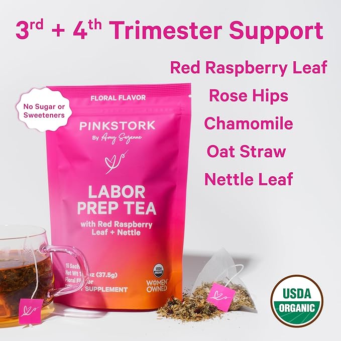 Pink Stork Organic Labor Prep Tea - Red Raspberry Leaf with Chamomile and Rosehip, Pregnancy Must Haves, Postpartum Essentials, Third Trimester - 15 Sachets