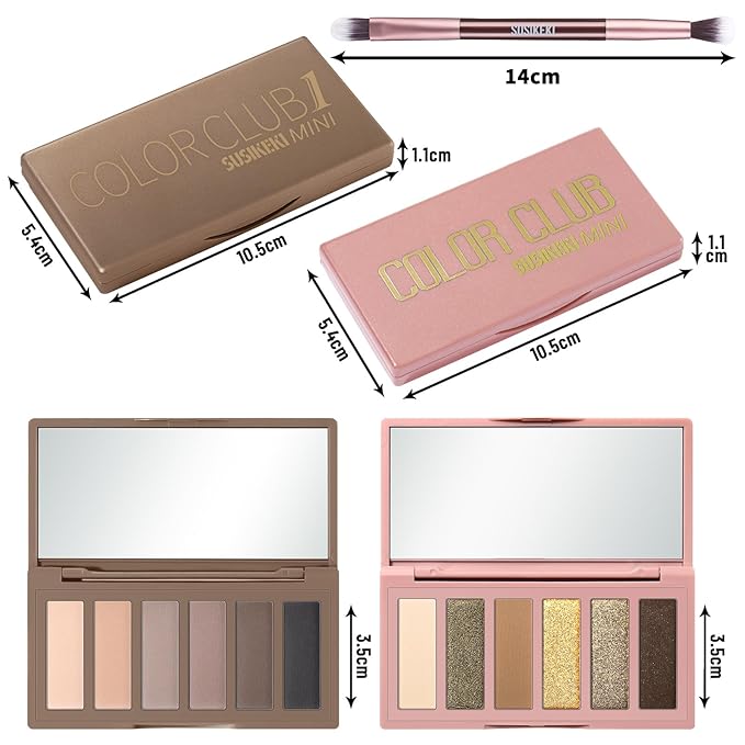 2PCS 6 Colors Mini Naked Eyeshadow Palette Makeup with Brush Set Neutral Nude Eye Shadow Brown & Olive-colored Matte Shimmer Make Up Pallet with Mirror Highly Pigmented Travel Size Gift Kit