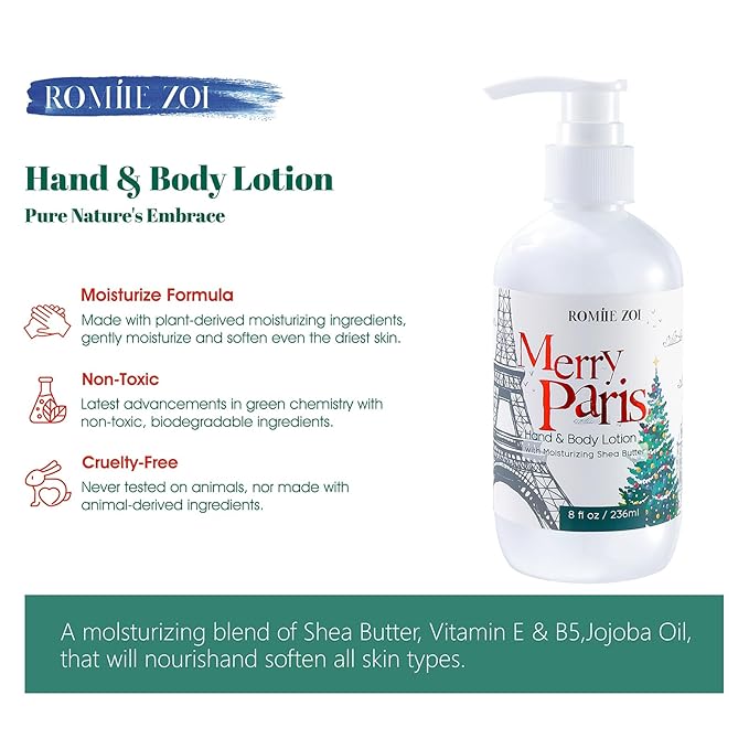 Christmas Hand & Body Lotion with Moisturizing Shea Butter for All Skin Type- Merry Paris - Cedar & Juniper Scent - 236 ML / 8 FL OZ
