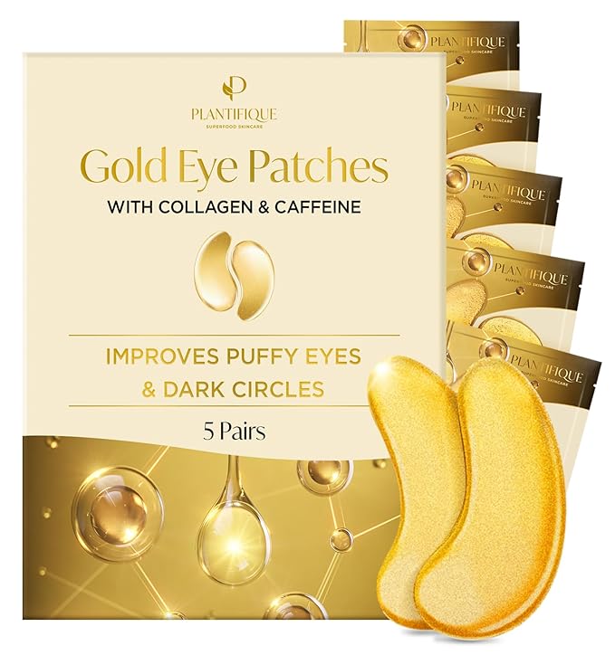 PLANTIFIQUE Gold Under Eye Patches for Puffy Eyes and Dark Circles 5 Pairs and Stainless Steel Gua Sha Facial Tool, Skin Massage Tool for Face, Body, Eyes, Neck, Heart Style with Travel Pouch