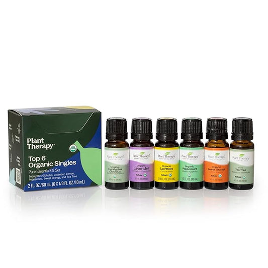 Plant Therapy Top 6 USDA Organic Essential Oil Set - Lavender, Peppermint, Eucalyptus, Lemon, Tea Tree 100% Pure, Natural Aromatherapy, for Diffusion & Topical Use, Therapeutic Grade 10 mL (1/3 oz)