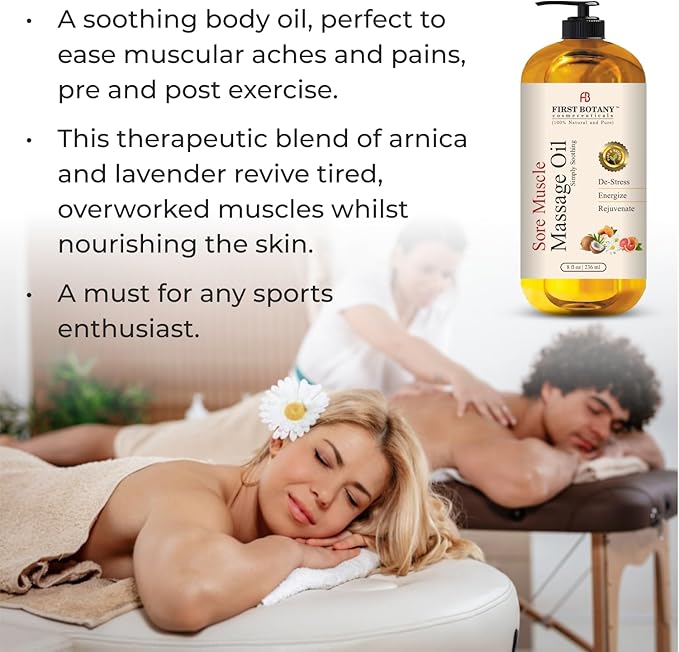 First Botany, Arnica Sore Muscle Massage Oil for Massage Therapy Natural Therapy Oil with Lavender, Mint, Chamomile Essential Oils, Collagen & Stem Cells, Therapeutic Oils for Body Massage Lotion 8oz