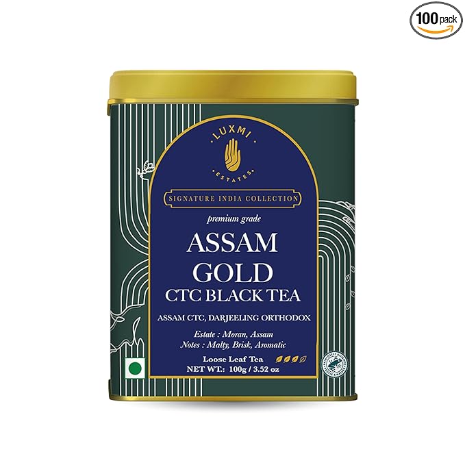 Luxmi Estates Assam Gold Chai | 100 gm | Signature India Collection | CTC Tea | Black tea collection | Organic Strong tea | Antioxidants | Assam Valley tea | Cardamom, Saffron, Cinnamon, Natural Cardamom Extract