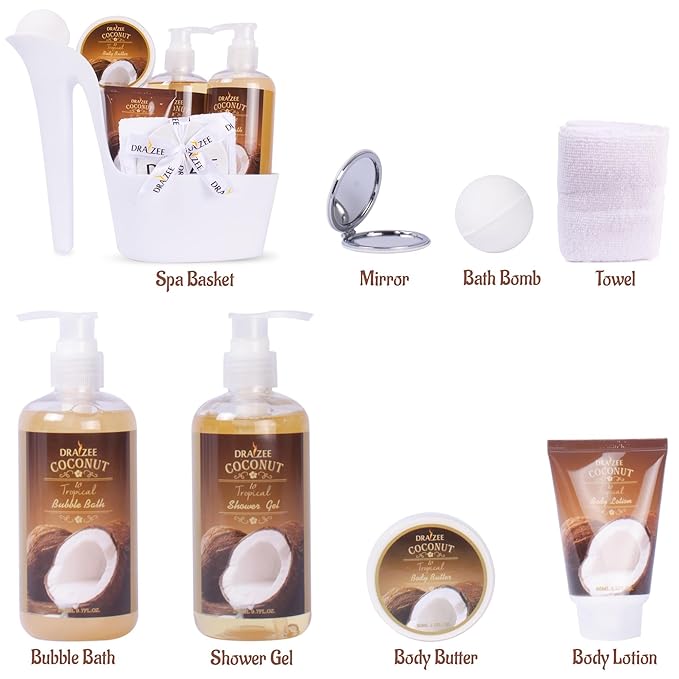 Draizee Mothers Day Gifts for Mom - Spa Gift Baskets for Women, 8 Pcs Luxury Coconut Scented Heel Shoe Design Bath and Body Spa Set-Self Care Package for Women, Presents for Mom, Body Care Set for Her