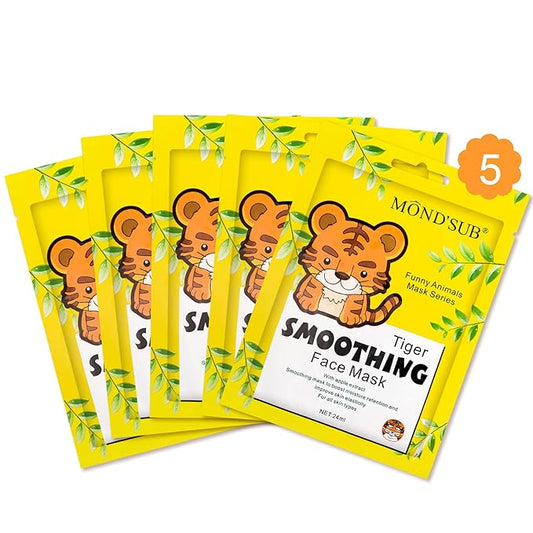 Animal Spa Beauty Mask, Character Masks Sheet-(Pack of 5) Tiger Smoothing Firming Nourishing Moisturizing Effects For All Skin Types- Birthday Party Gift for her, Girls Night, Spa Night, Beauty Gift
