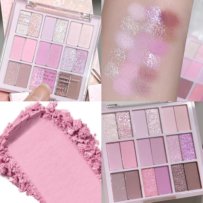 18Colors Purple Pink Nude Shimmery Eyeshadow Palette Makeup,Light Purple Mauve Glitter Sparkly Highly Pigmented Eye Shadow Long Lasting Waterproof Naturing-Looking Blendable for Beginners