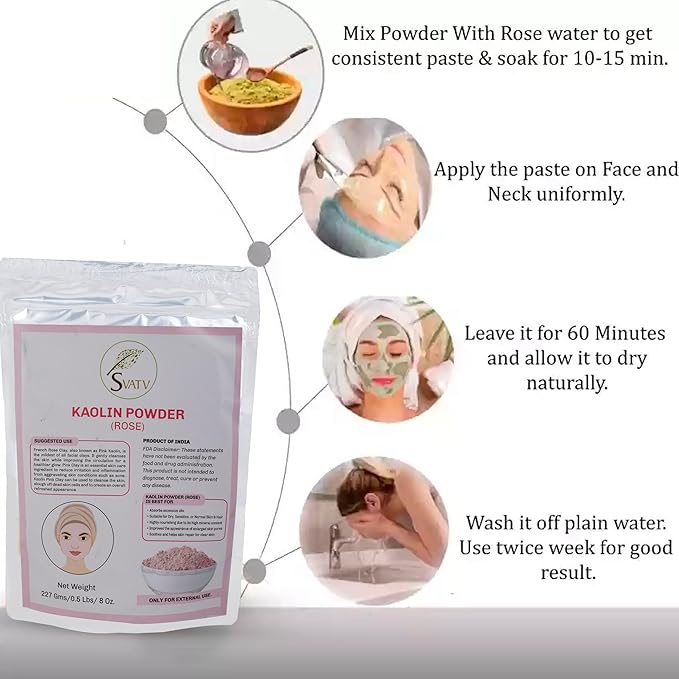 SVATV Kaolin Clay Rose Natural For Face Mask Herbal Skin Face Powder Makeup, Bath Bomb Clay, DYI Spa Mud Mask For Face & Hair & Soap Making For Men & Women 227g, Half Pound