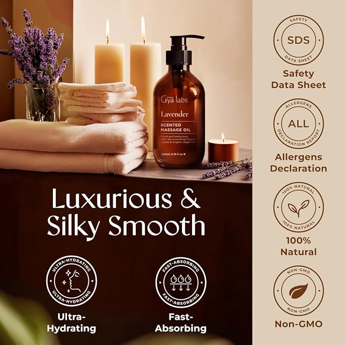 Gya Labs Lavender Massage Oils for Sweet Nights - 6.76 Fl Oz - 100% Pure Natural Aromatherapy Massage Oil for Body Relaxing for Men & Women - Crafted with Jojoba, Argan & Lavender