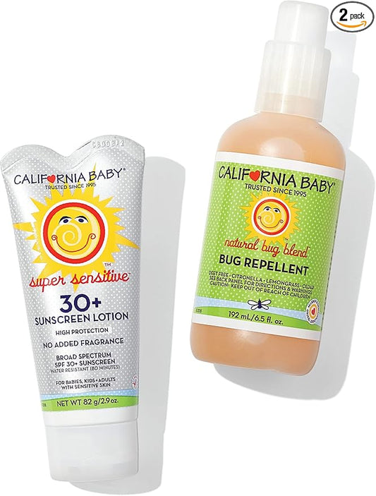 California Baby Super Sensitive Sunscreen + Natural Bug Spray | 2.9oz Unscented SPF 30+ Mineral Sunscreen + 6.5oz Natural Bug Repellent | Hypoallergenic | Formulated for Sensitive Skin