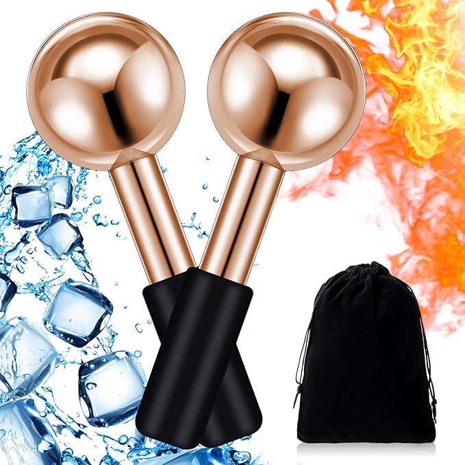 Baderke 2 Pcs Ice Globes for Face Stainless Steel Cooling Globes Unbreakable Cooling Roller Women Ice Balls Cryo Sticks Face Skin Care for Dark Circles, Puffiness(Rose Gold (black Handle))