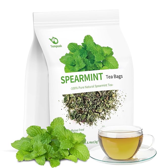 Tempoak Premium Spearmint Tea Bags - 60bags/6.4 Oz 100% Pure & Natural Spearmint Leaves Herbal Tea, Caffeine Free, No Additives, No Sugar, Non-gmo, No Gluten