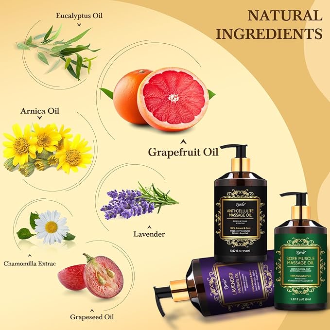 3 Pack Massage Oil for Massage Therapy, Lavender Massage Oils for Date Night, Sore Muscle Arnica Oil & Cellulite Massage Oil, Relaxing Massage Kit, Spa Gifts for Him Her