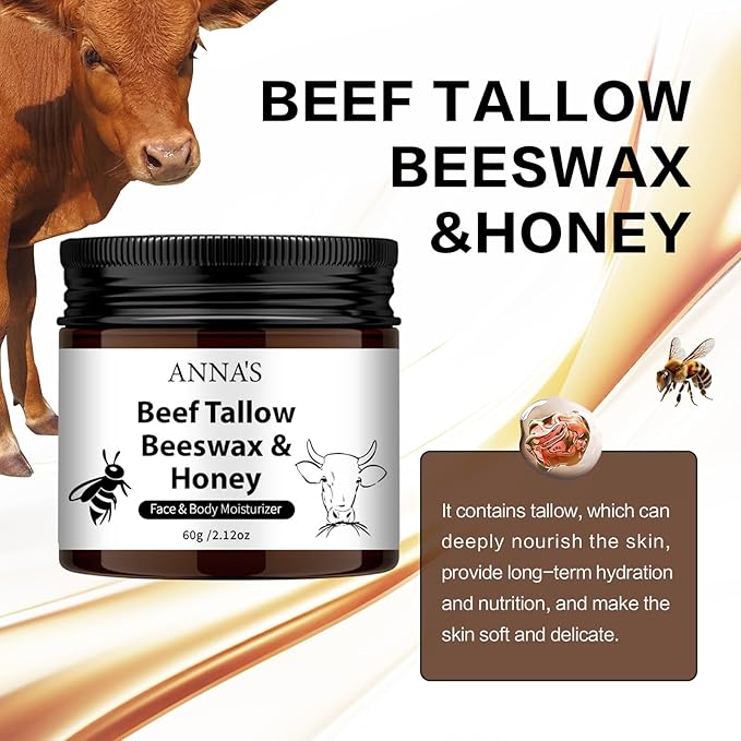 ANNA'S Beef Tallow and Honey Balm for Skin, All-Natural Moisturizer for Face and Body, Hydrating Grass-Fed Beef Tallow & Raw Wild Honey Blend (60g/2.120z)