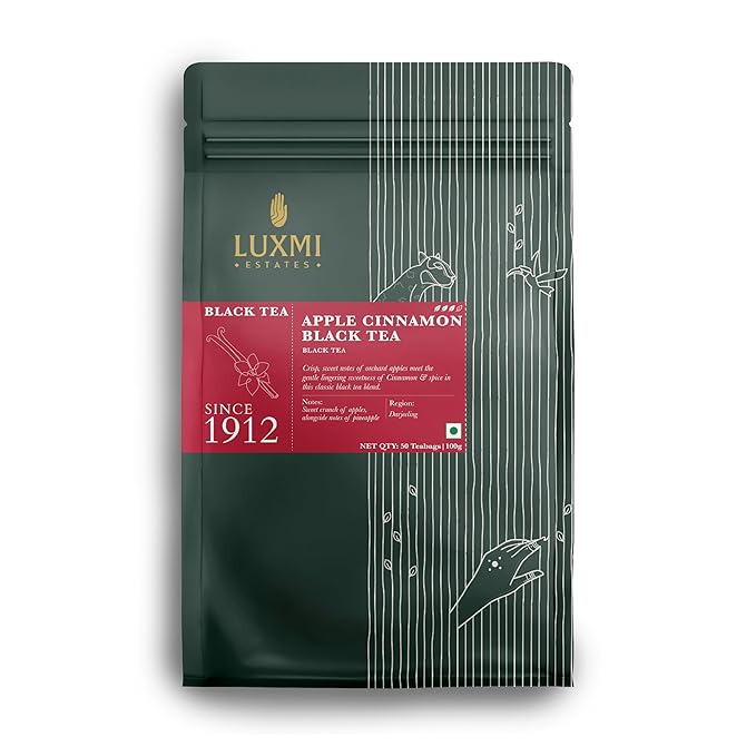Luxmi estates Apple Cinnamon Black Tea 50 Tea Bags (100g) Pack| Limited Fall Tea | Special Edition Autumn Tea | USDA Certified Premium Black Tea | Anti-Oxidants, Immunity Booster | 50 Cups Bulk Pack