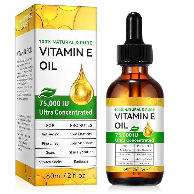 Pure Vitamin E Oil, 60ML Natural Organic Vitamin E Oil for Skin, Face and Scars, Body Massage Moisturizing Dry Skin, Nourish Hair and Scalp, 2 fl.oz