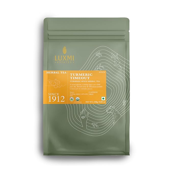 Luxmi Estates Turmeric Time-Out Herbal Loose Tea 250g Pack | Certified USDA Organic Herbal Tea | With Organic Turmeric, Ginger, Cardamom, Black Pepper | Supports A Healthy Response To Inflammation (125 Cups)